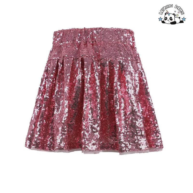LEZONKIDS - Saia Plissada Rosa Personalizada de Verão com Lantejoulas para Crianças, Saia Curta Fofa para Meninas